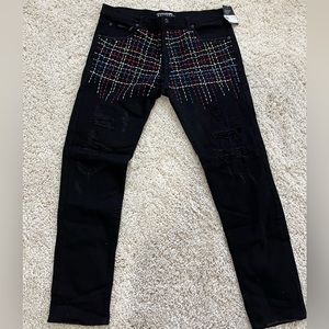 Decibel Black Distressed Jeans with Multi-Color Stitching